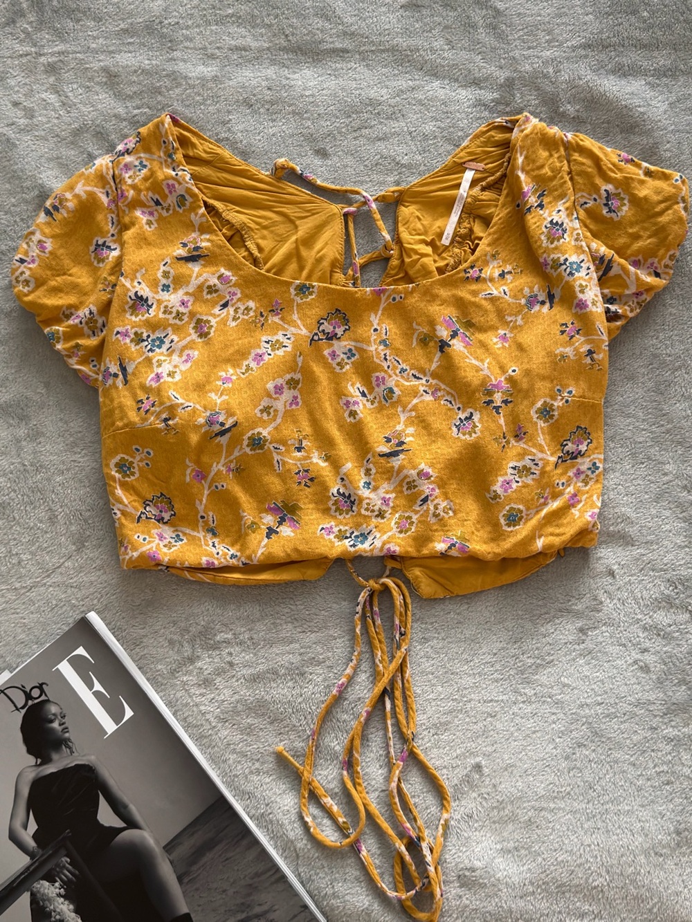 Free People Mustard Yellow Floral Tie-Front Crop Top